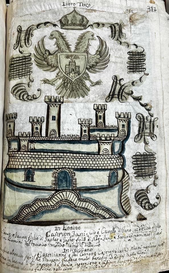 Il Castello di Lombardia e stemma della Città di Enna raffigurati nel manoscritto di Padre Giovanni dei Cappuccini, 1754