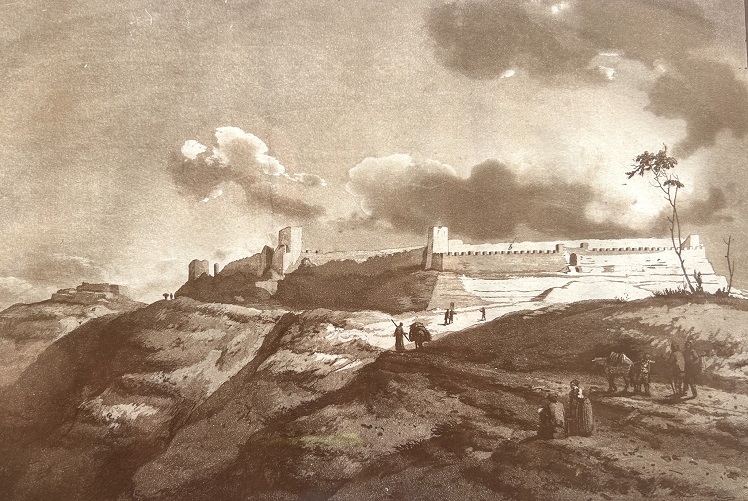 L'originaria porta di ingresso del Castello di Lombardia nel 1782. Incisione di Jean Pierre Houel, collezione privata Enna